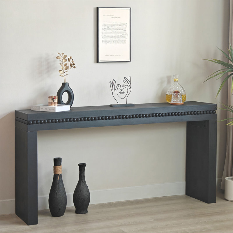 64In Modern Console Table – Elegant Entryway Table With Decorative Beaded Trim, Black
