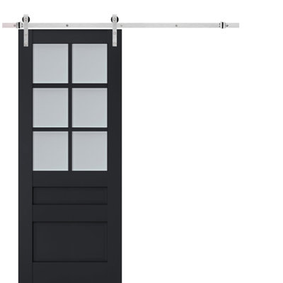 Porte de grange robuste en verre dépoli Veregio 7339 Anthracite, rail de 2 m (6,6 pi), quincaillerie robuste, porte intérieure à panneau plein - 107 cm x 213 cm (42 po x 84 po) - Rail argenté