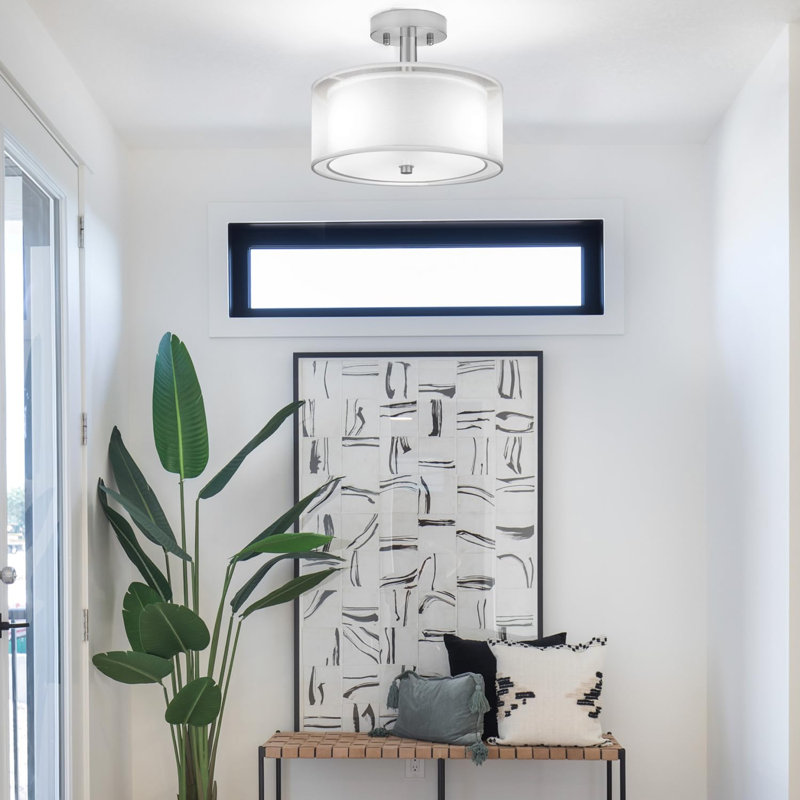 3-Light Semi Flush Mount Ceiling Light Fixture, Drum Light With Double Fabric Shade, Modern Close To Ceiling Lamps For Dining Room Kitchen