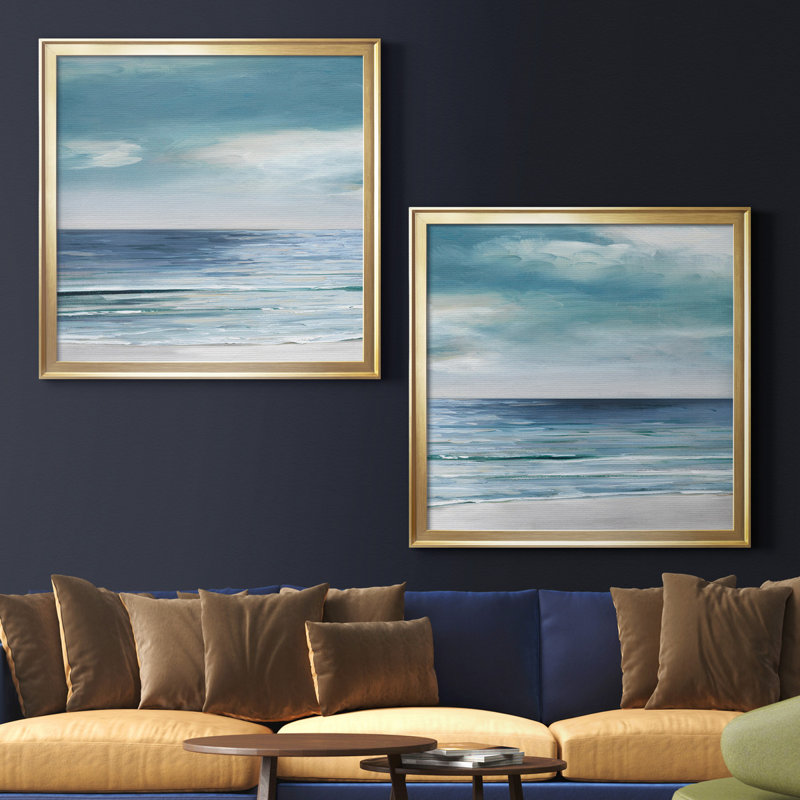 «Blue Silver Shore I», ensemble de 2 reproductions d'art, H 34,5 po x l 69 po x P 1,5 po, Pas de tapis, Toile encadrée d'or