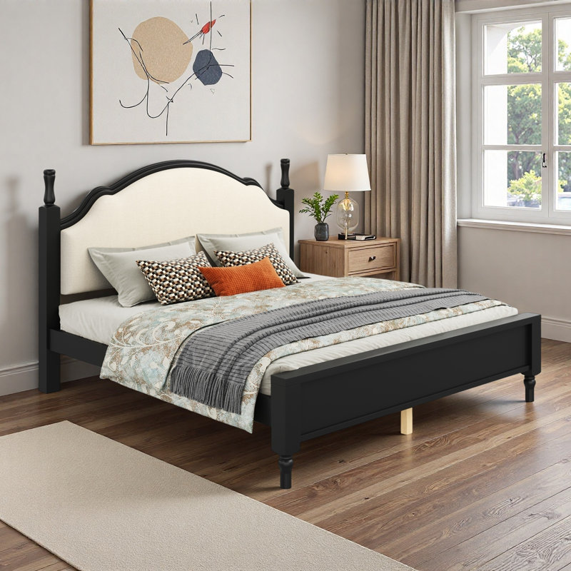 Lit plateforme en bois avec tête de lit tapissier et pieds robustes, Noir / Beige, Grand lit