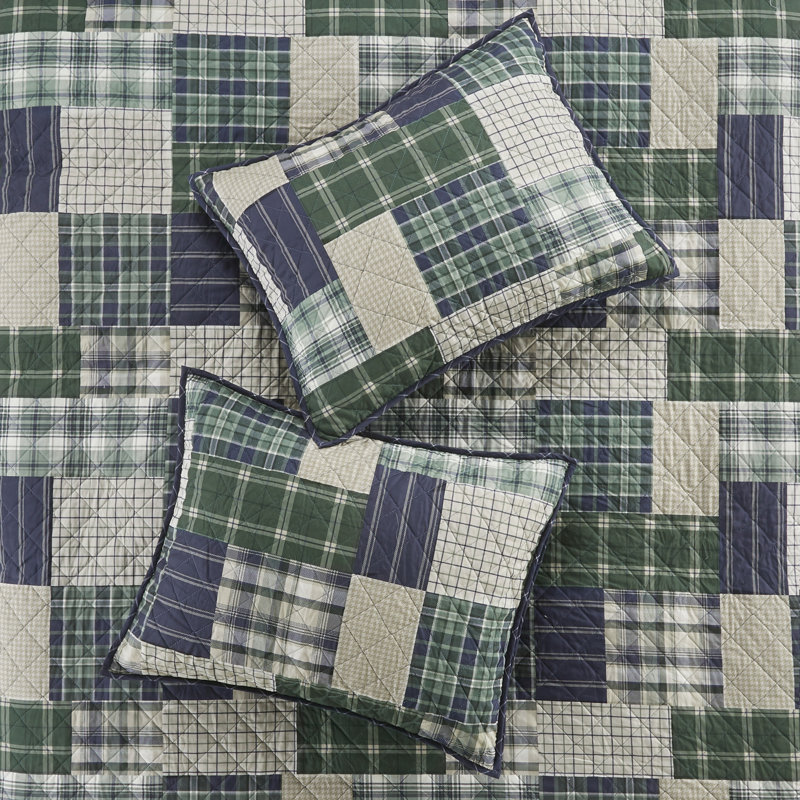 Timber 3 Piece Reversible Printed Quilt Set, King Coverlet + 2 King Shams, Green/Navy