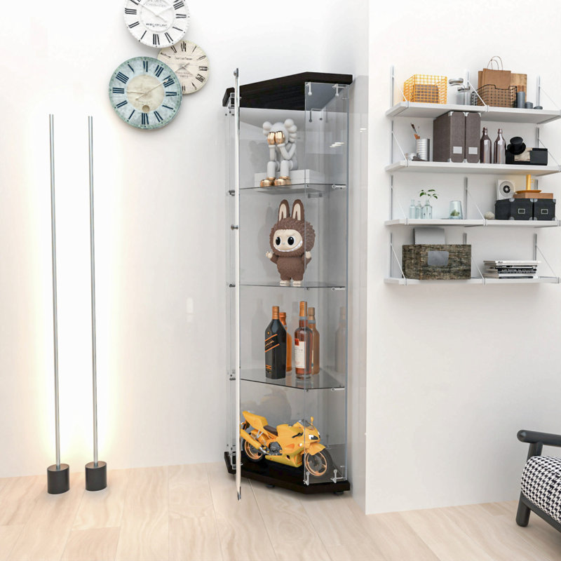 Vitrine en verre avec 4 tablettes, Pentagone, Curio pour le salon, la chambre à coucher, le bureau, une bibliothèque en verre au sol noir, installation rapide