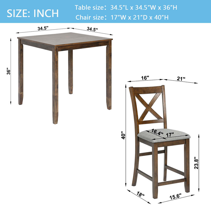 Ensemble de table de salle à manger 5 pièces à hauteur de comptoir, table carrée en bois avec 4 chaises rembourrées pour les petits espaces