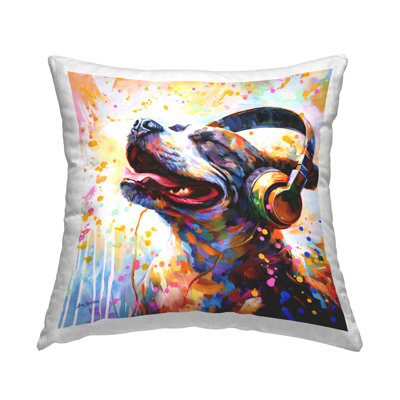 Coussin décoratif imprimé Happy Dog & Headphones par Leon Devenice