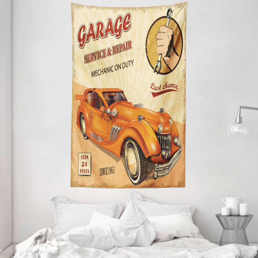 Wandteppich, Motor und Mechaniker Zeichen, Retro, Orange Creme Rot