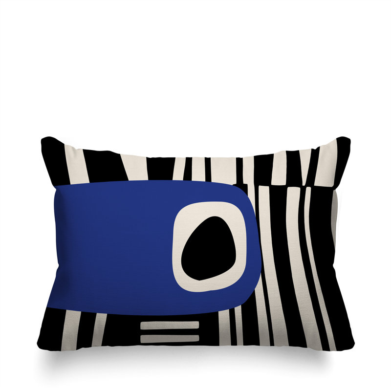 Jina Abstract Reversible Indoor/Outdoor Rectangular Pillow, 18"H x 25"W, Navy Blue/ Black/ Off-White