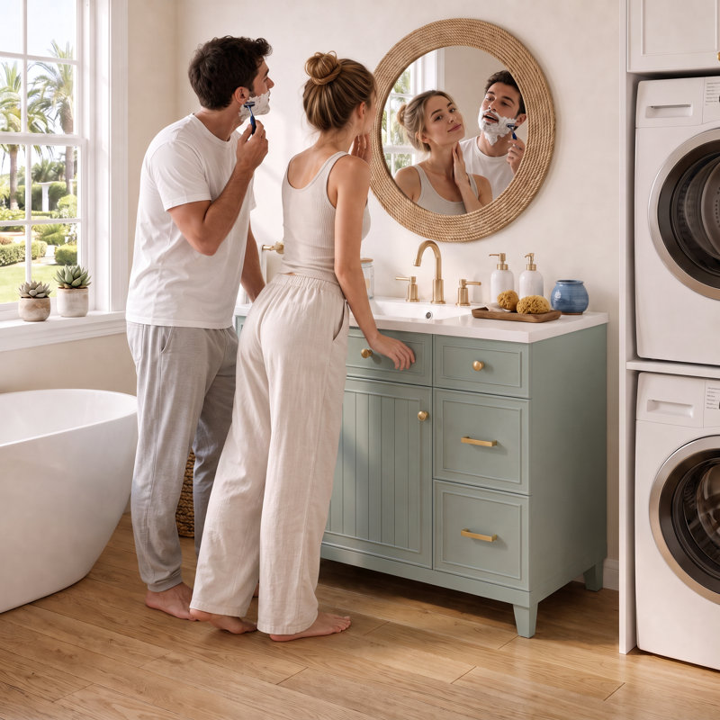 Meuble-lavabo de 91 cm (36 po) avec lavabo en céramique, structure en bois massif, portes à fermeture amortie, étagères réglables, 3 tiroirs dont un tiroir à double profondeur pour sèche-cheveux, vert