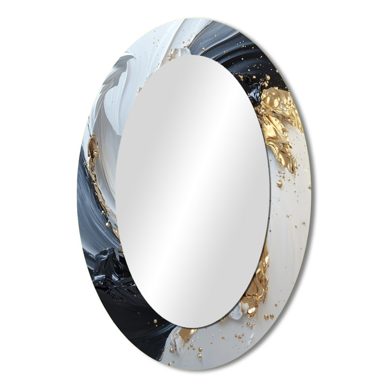 White Black Gold Cosmic Whirlpool III - Large Oval Wall Mirror On Metal, 36" x 24"