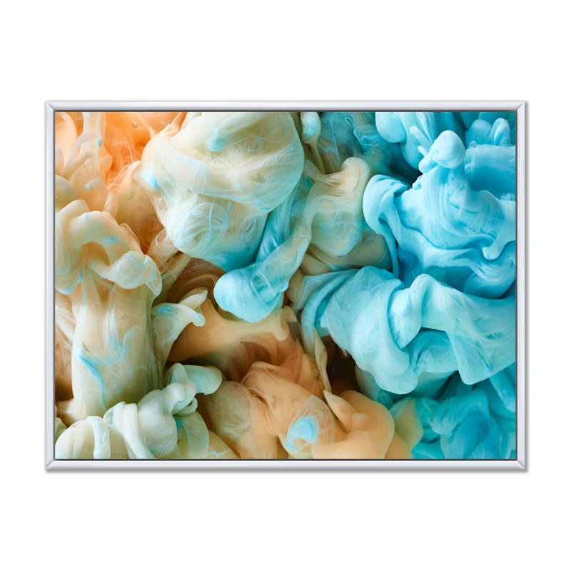 Encre bleue et verte, art mural moderne, H 30 po x l 40 po x P 1,5 po, Cadre flottant blanc