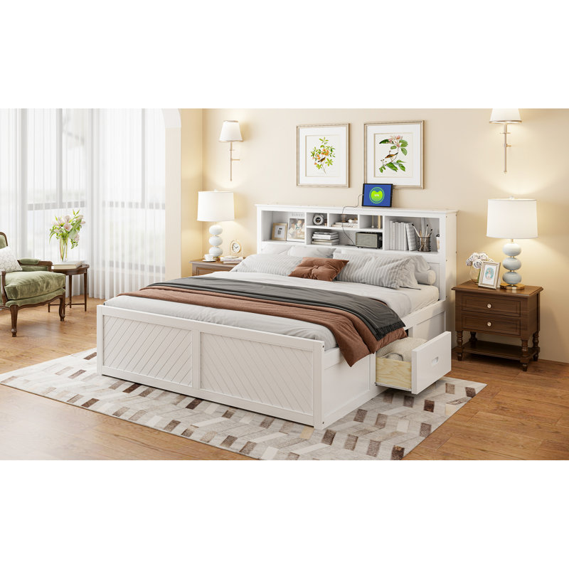 Spacious King Size Wood Bed In White With Multi And Options Storage Drawers - Elegant Design, White