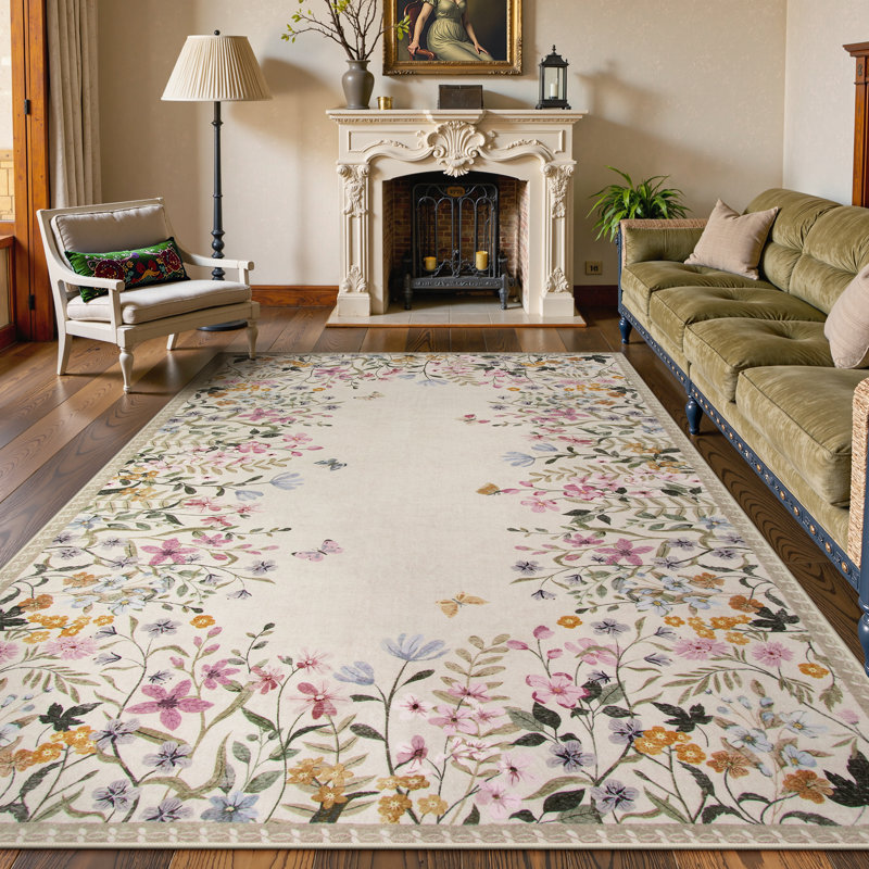 Vintage Floral Washable Area Rug with Non-Slip Backing, Low-Pile Beige Rug for Living Room, Bedroom & Dining Room