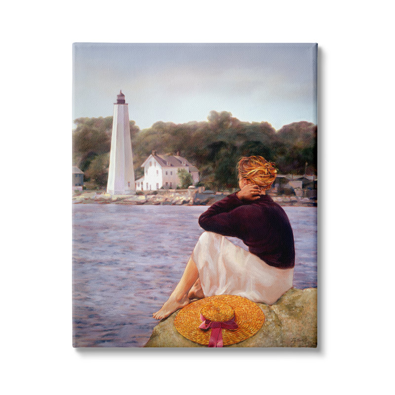 Femme au bord de la mer, phare côtier réaliste, peinture XXL tendue sur toile par Robert Desantis, Toile tendue