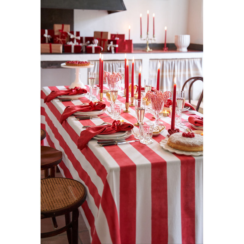 St. Tropez Handmade Striped Tablecloth, 86" L x 59" W, Red