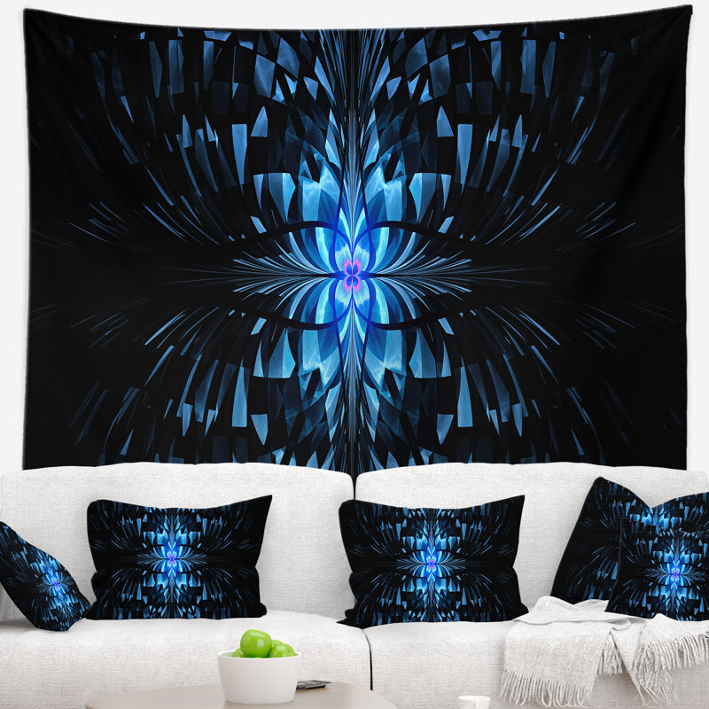 Motif abstrait de papillon bleu sur tapisserie noire, H 68 po x l 80 po
