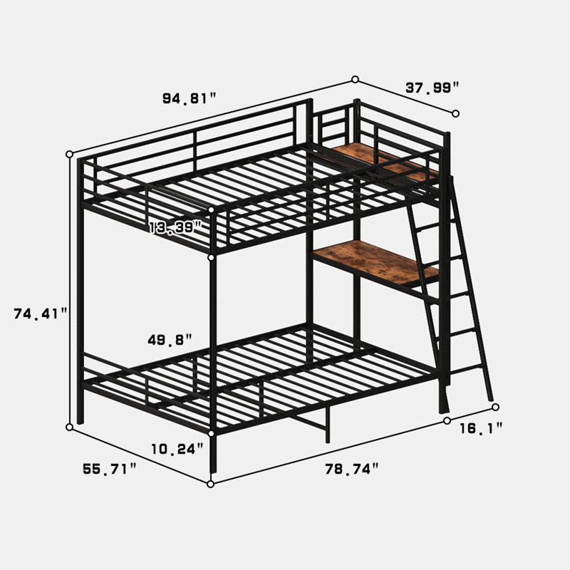 Lit superposé double noir avec DEL, prise de charge et rangement multifonctionnel pour poste de travail intégré, acier carré robuste, garde-corps de longueur en métal, style loft à prise pour séparer