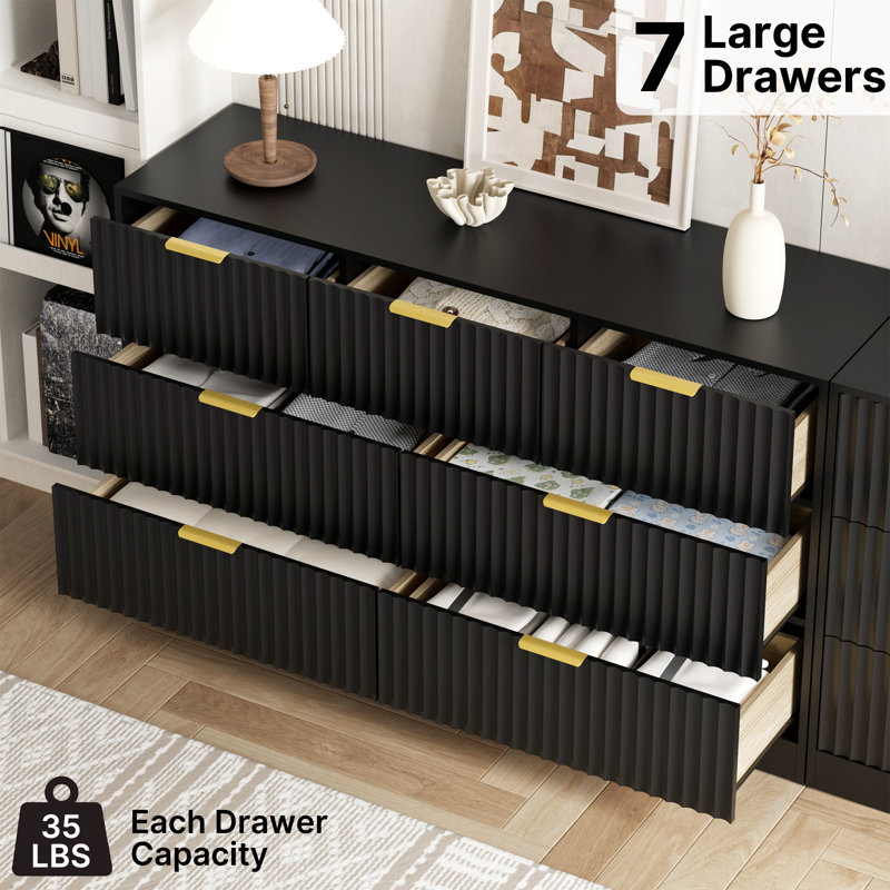 Black Fluted Dresser For Bedroom With 7 Drawers, 55" Wide Modern Chest Of Drawers With Metal Handle, Black