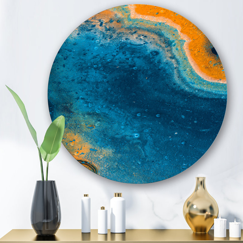 Composition abstraite de marbre en bleu et orange V - art mural moderne en cercle métallique, H 11 po x l 11 po x p 1 po