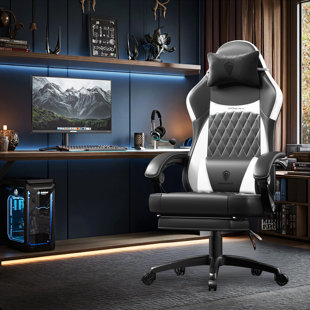 Fauteuil de jeu ergonomique avec coussin à ressorts ensachés et soutien lombaire à massage - Chaise d'ordinateur de bureau à haut dossier avec repose-pieds pour adultes, capacité de 300 lb, conception en cuir