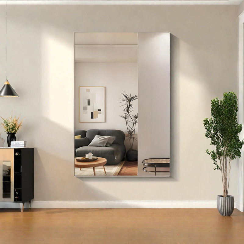 Miroir de salle de bain rectangulaire surdimensionné avec plateau amovible, Argent argent