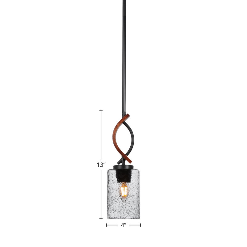 Mini-luminaire suspendu avec tige en verre fumé 4 po, Noir mat / métal peint aspect bois