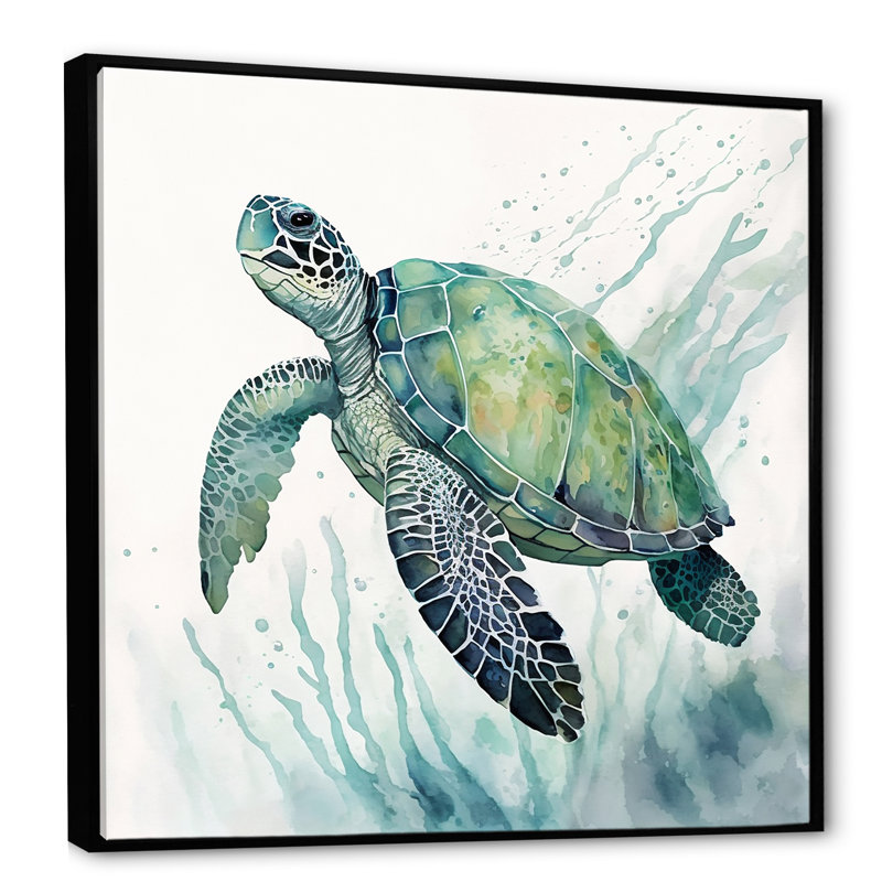 Aquarelle de tortue nageant IV - tortue, art mural, H 24 po x l 24 po x P 1 po, Toile avec cadre flottant noir
