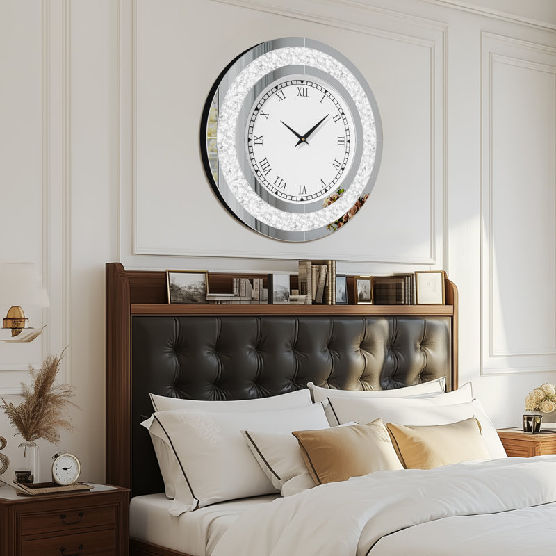 Kindalyn Round Mirrored Wall Clock with Crushed Diamond Inlay , Silver, Medium