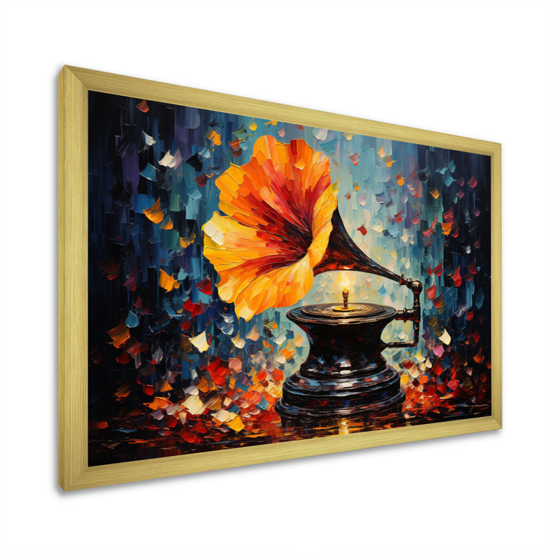 " Phonograph Pointillism Multicolor II ", Gold Single Picture Framed, 16" H x 32" W x 1" D