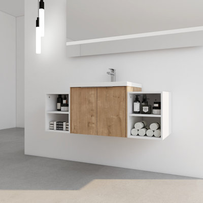 Bathroom Vanity With Sink 48", Wall Mounted, 2 Soft-close Doors, Small Shelves, Modern Plywood Cabinet Mounted Sink, 48 Inch, Soft Close Shelving