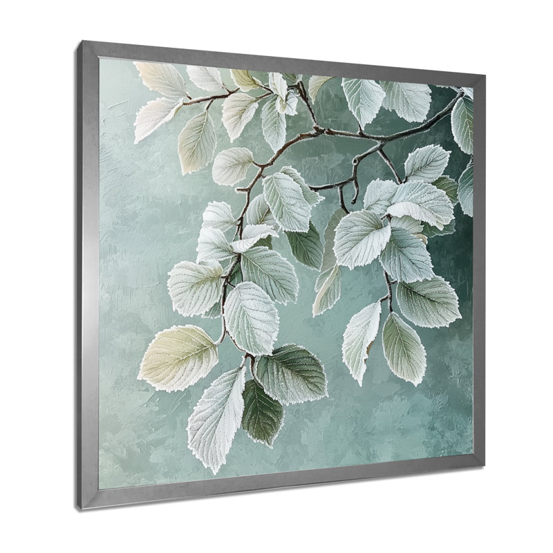 Frosted Leaves I - feuilles, art mural, H 36 po x l 36 po, Picture Framed Print, Argent argent