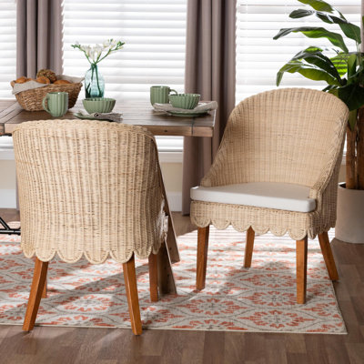 Ensemble de chaises de salle à manger bali & pari en rotin naturel 2 pièces - Fauteuil d'appoint en osier tissé à la main avec structure à oreilles et coussin de siège pour la cuisine ou la salle à manger