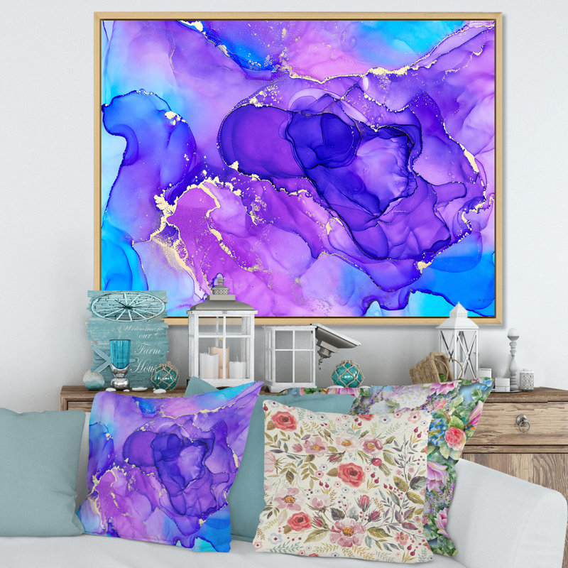 «Blue and Purple Luxury Abstract Fluid Art», reproduction sur toile, H 30 po x l 40 po, Cadre flottant en érable
