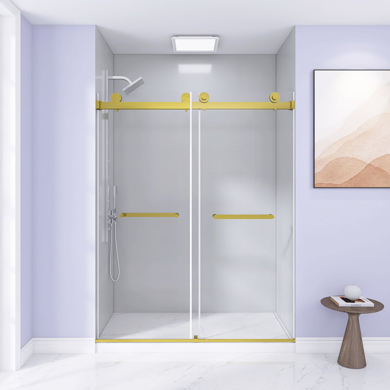 56-60 "W X 74" H Frameless Double Sliding Shower Door, 5/16 "(8Mm) Tempered Glass, Explosion Proof Film, Stainless Steel Handle, Square Tube Track, Brushed Gold