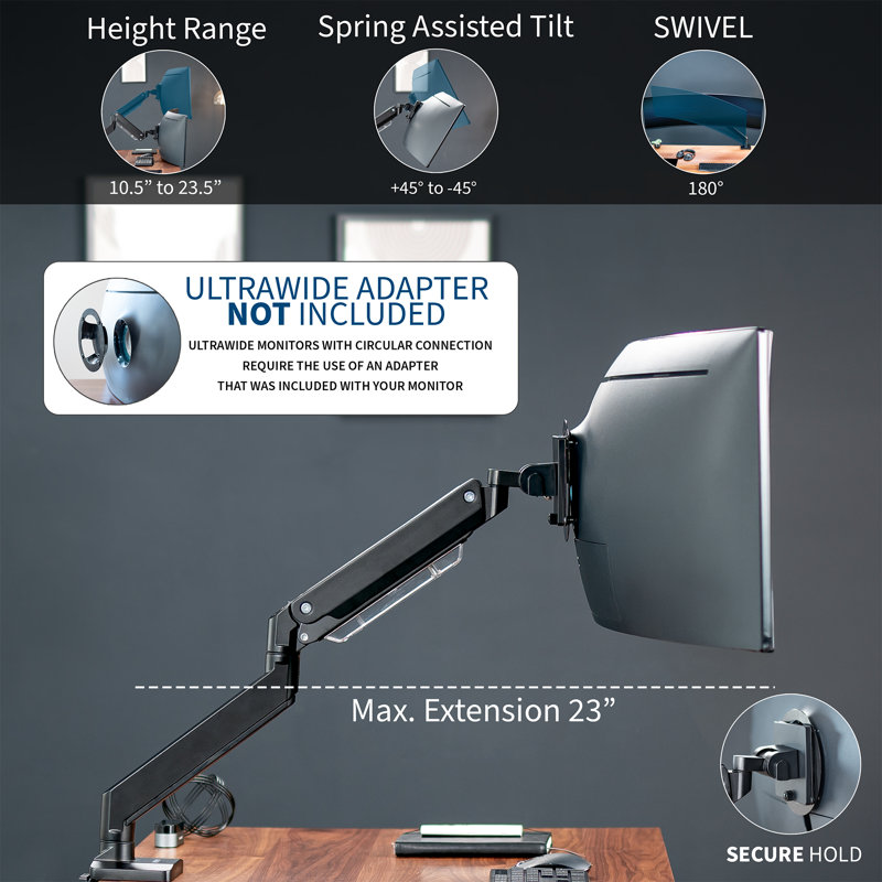 Black Aluminum Full-Motion Single Monitor Desk Mount with Riser