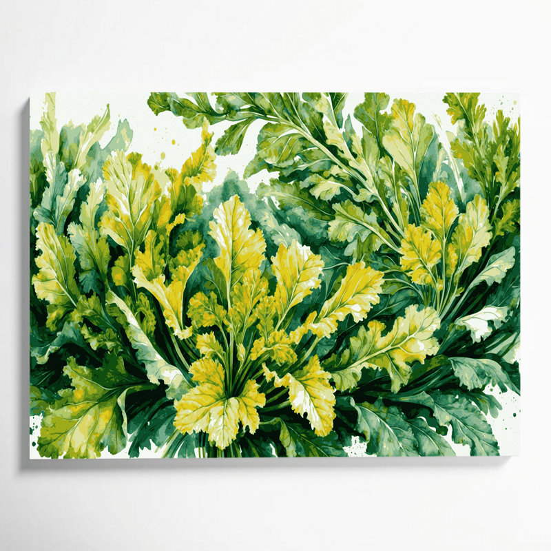 Légumes, moutarde, verts, toile beige, H 11 po x l 14 po