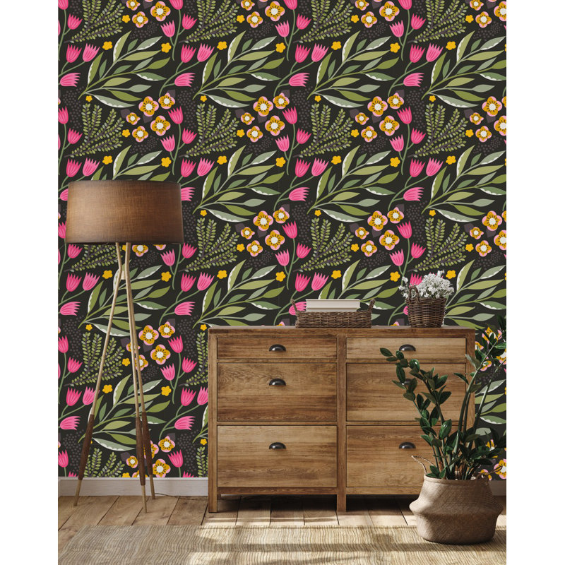 Panneau de papier peint adhésif tulipes et feuilles L 10,4 pi x l 25 po