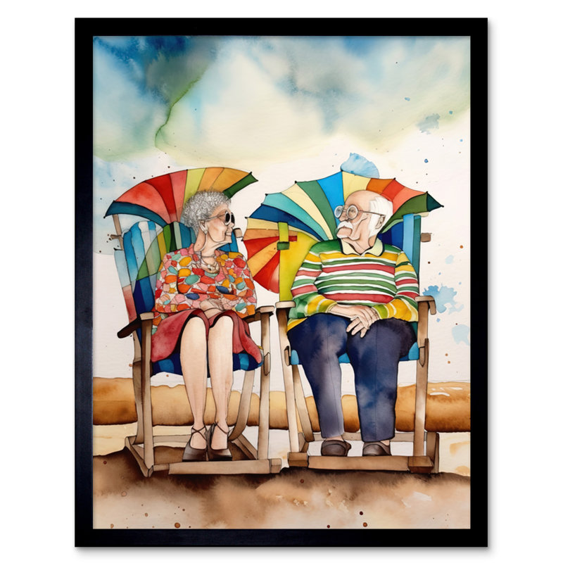 Happy Elderly Couple On Summer Beach Chairs - Single Picture Frame Print