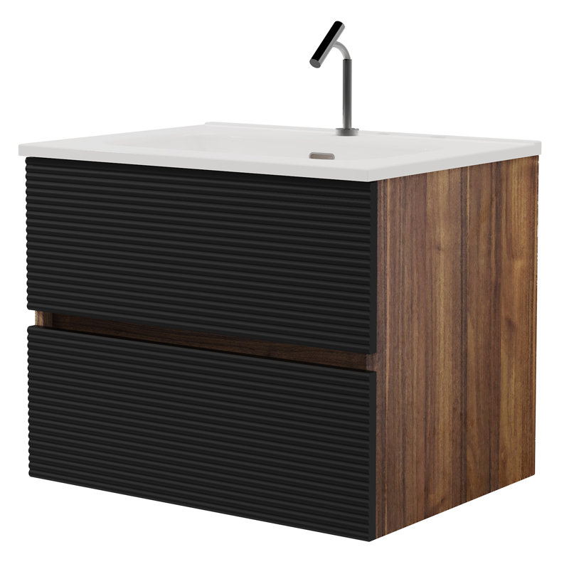 Wall Mounted Bathroom Vanity With Integrated Ceramic Sink And Overflow, Black