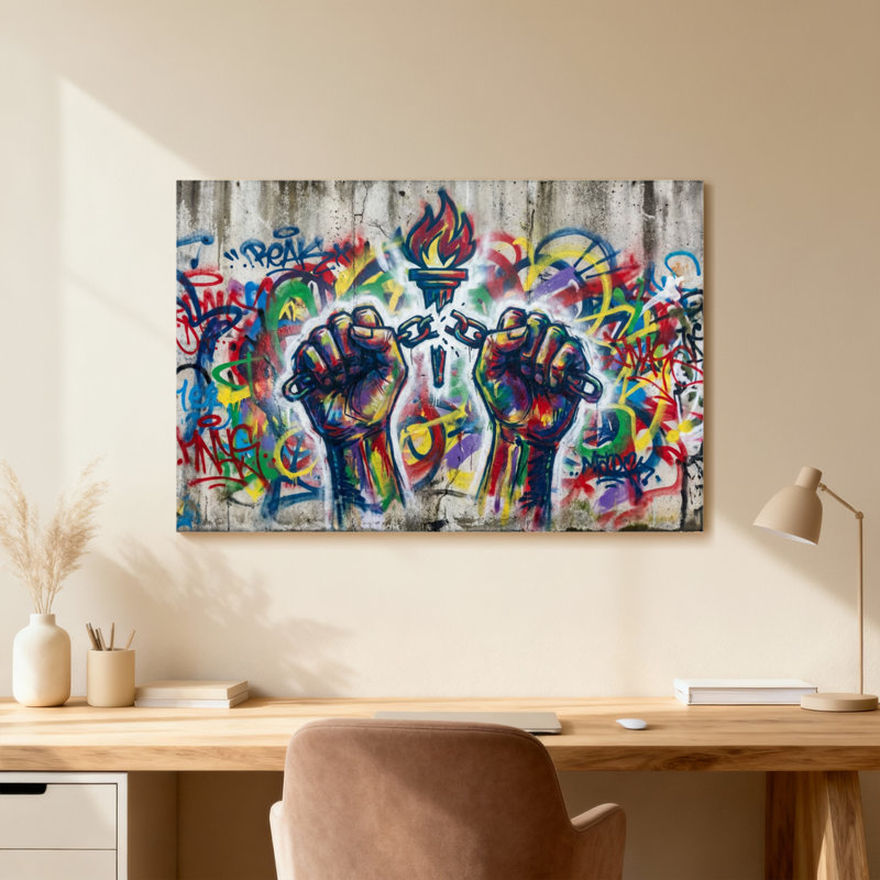 Graffiti coloré tenant une torche, Grain de bois clair, Cadre photo unique, 24" H x 36" W