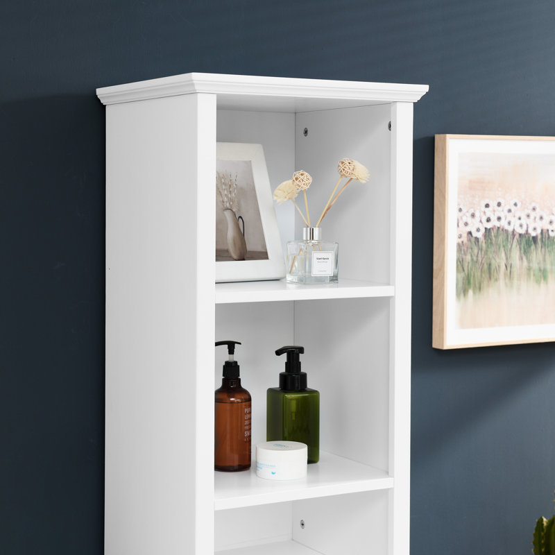 Tall Bathroom Storage Cabinet For Small Space, Floor Standing Cabinet For Living Room Bathroom Home Office Kitchen, 4 Adjustable Shelves & Laundry Hamper, Hidden Clothes Storage Space, White