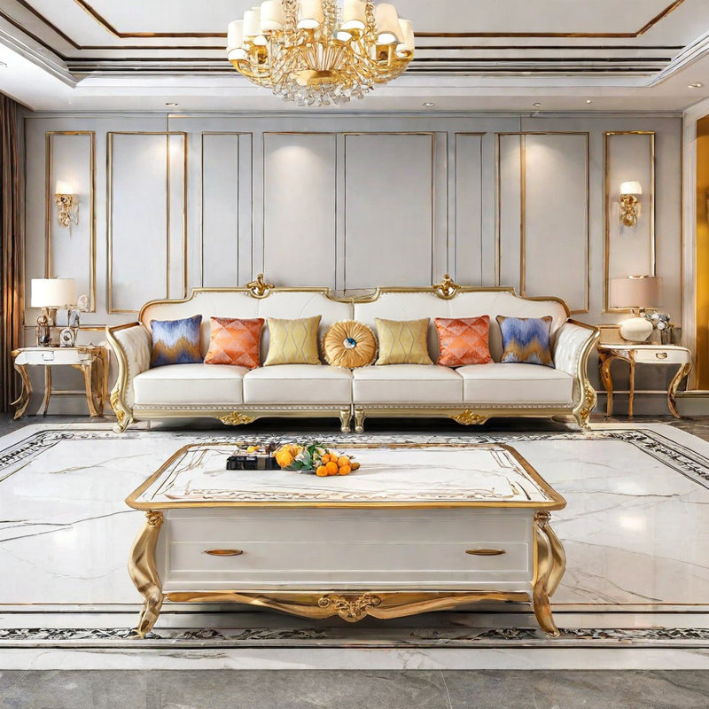 Cowhide European Villa Solid Wood Oak Sofa 141.7'' Genuine Leather Sofa, Champagne Genuine Leather