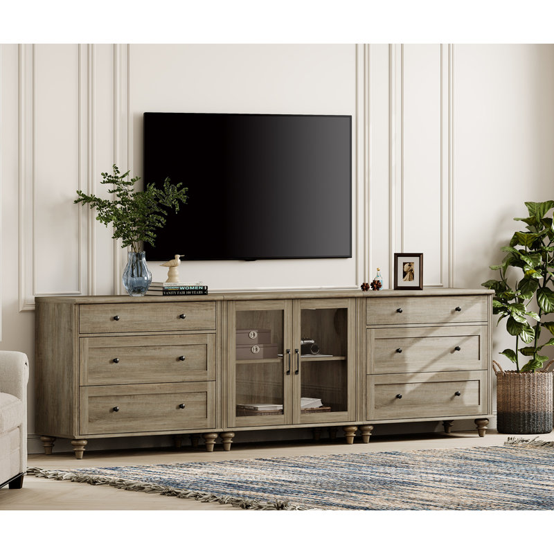Mid-Century Morden Style Sideboard Buffet Cabinets With 2 Glass Door, 3-In-1 Kitchen Storage Cabinets, Wooden Coffee Bar Tables With Adjustable Shelf & 6 Ample Drawers For Dining Room, Living Room, Bedroom, Wash Gray