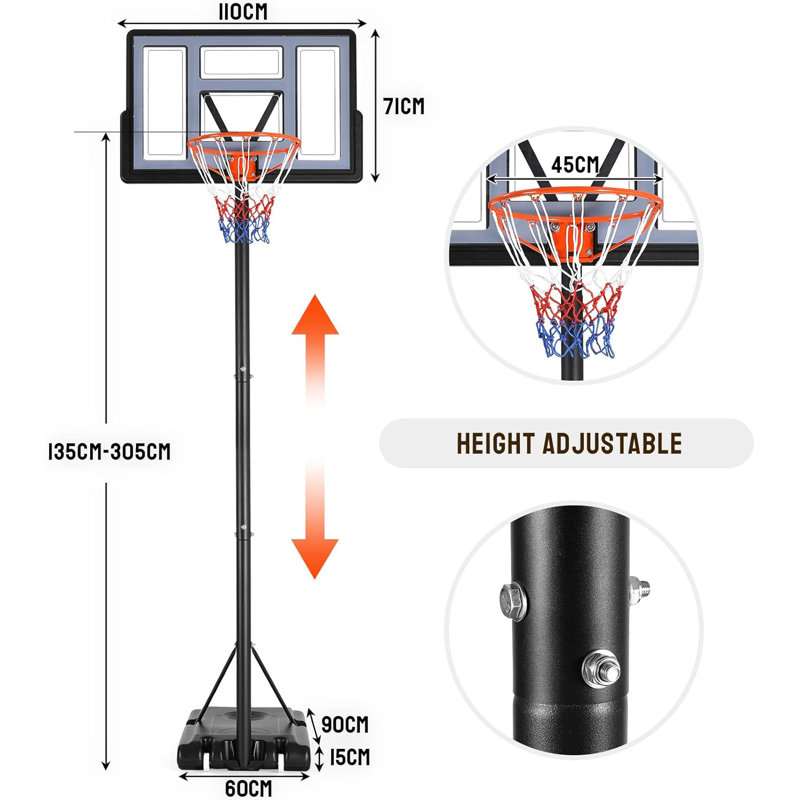 Adjustable Height 110cm W Portable Full-Size Basketball Hoop