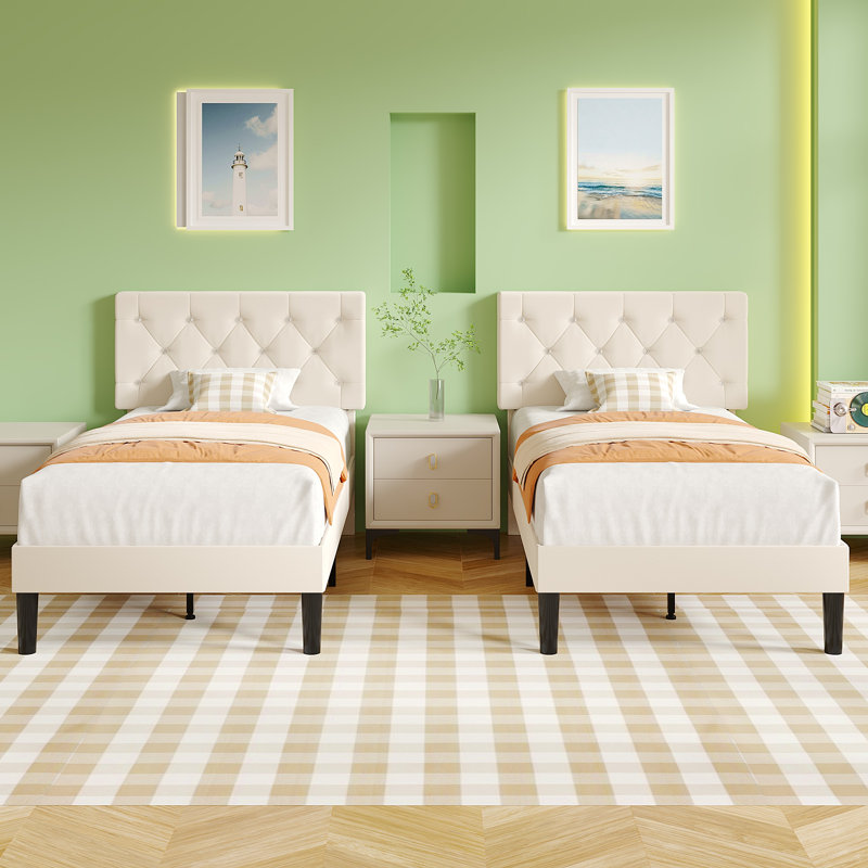 Twin Size Bed Set Upholstered Platform With Adjustable Diamond Tufted Headboard, Beige