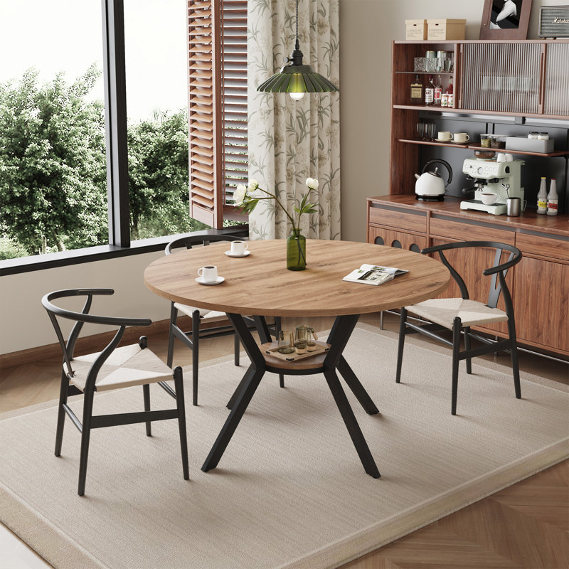 42 Inch Round Dining Table With Storage Shelf, Natural Wood, 29.92'' H x 42.13'' W x 42.13'' D