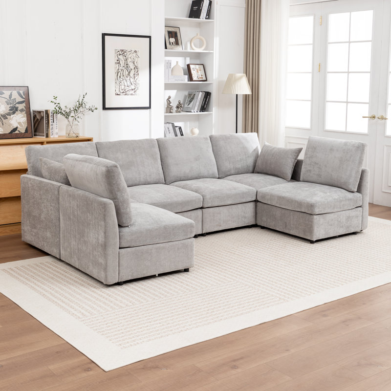 Canapé modulaire en U rembourré 6 pièces Miller, Gris