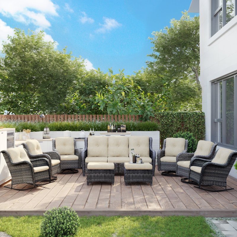 Lomant Wicker 9 - Person Patio Conversation Set with Cushions, White