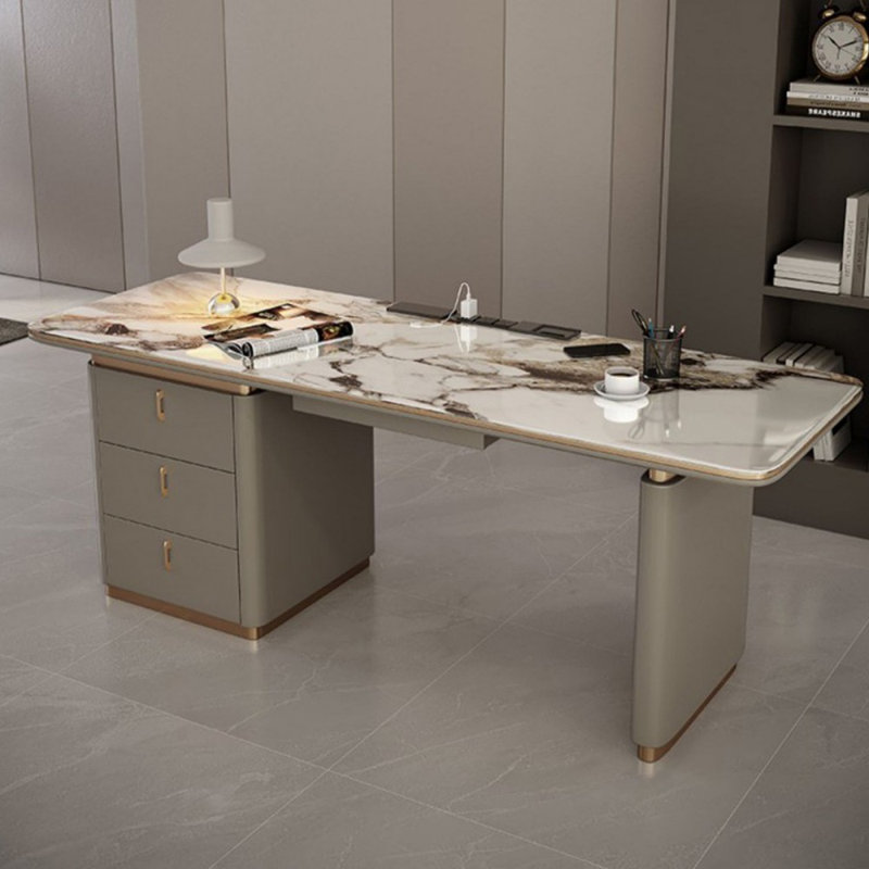 Bureau rectangulaire gris en bois manufacturé avec 3 tiroirs, H 29,53 po x l 55,12 po x P 27,56 po, Retour à gauche