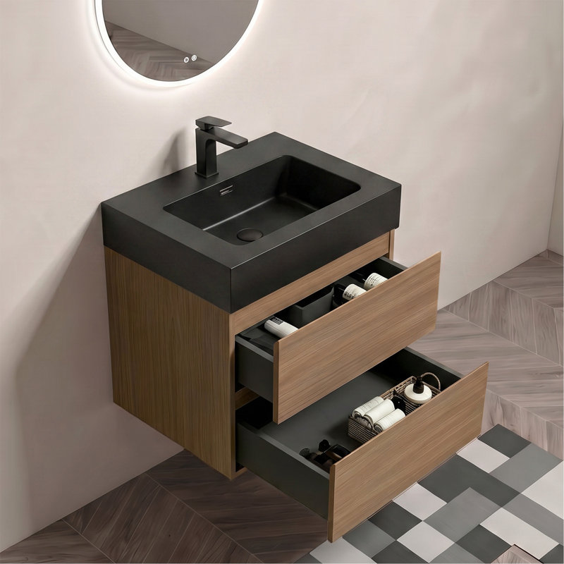 Meuble-lavabo mural en noyer brun de 24 po avec lavabo Alice, Noir, brun noyer, Black