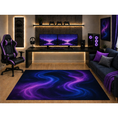 "Ultra léger" 5 pi x 7 pi Tapis galactique bleu-violet à motif de nébuleuse cosmique abstraite pour salle de jeu Chambre à coucher Revêtement en silicone antidérapant à poils courts